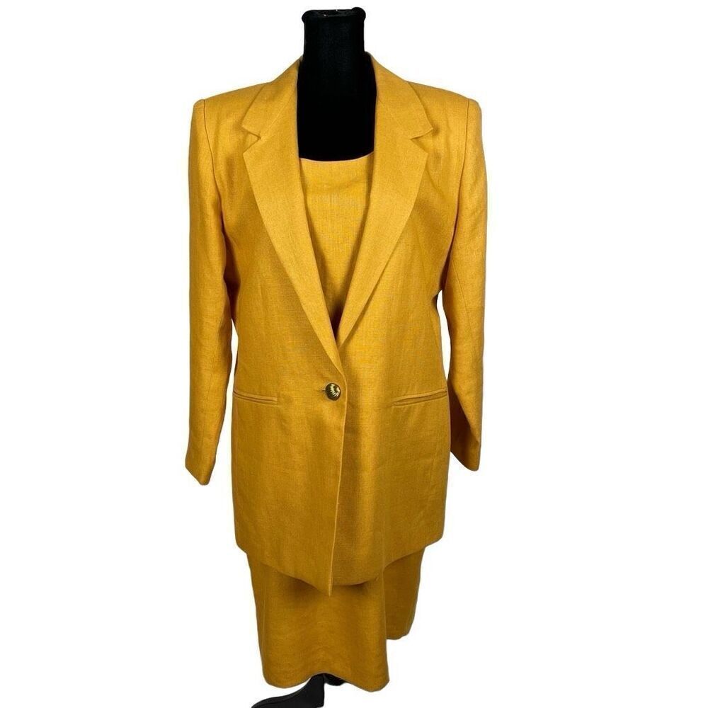 NY Sake Vintage 100% Linen Mustard Yellow Dress Suit Set - Women’s 10